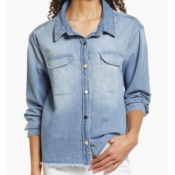 Democracy Tops - ​Democracy Denim Shirt Raw Hem Heart Pearl Buttons Light Wash Size M